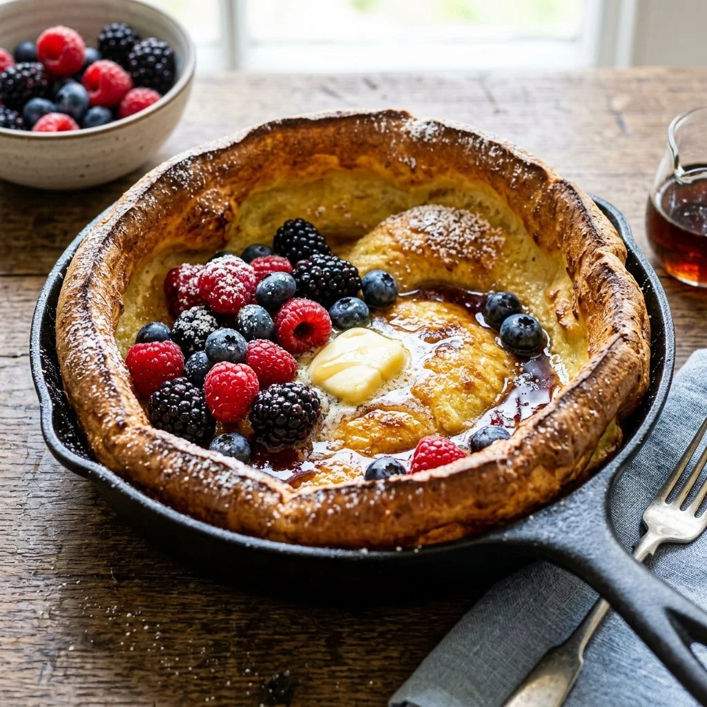 Fluffy Dutch Baby pancake served with fresh fruit and powdered sugar.