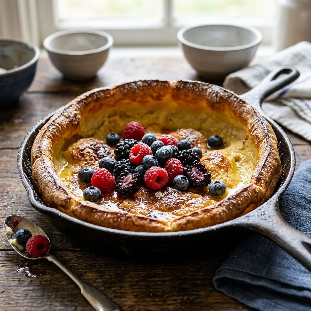Golden brown Dutch Baby Pancake served with fresh fruit and powdered sugar