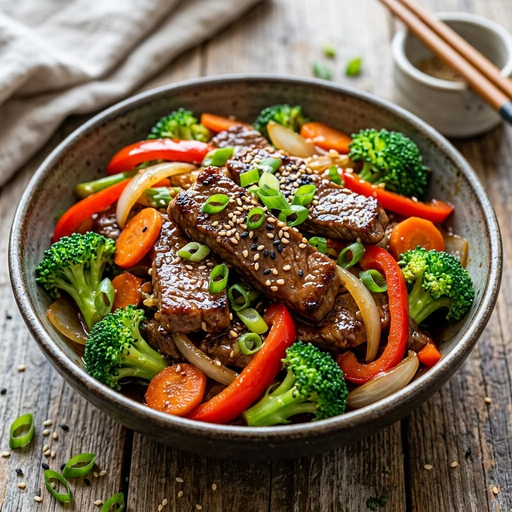 Easy beef stir fry with colorful vegetables in a pan