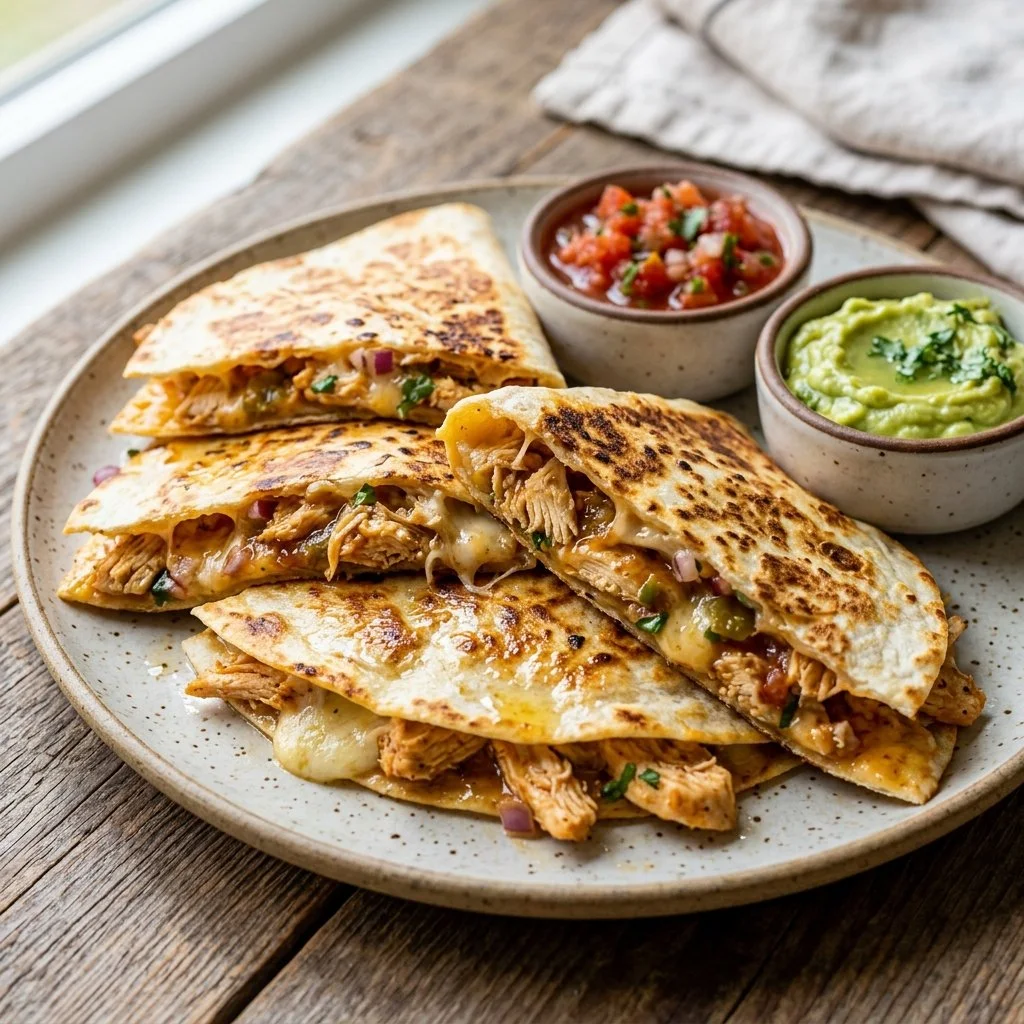 Delicious easy chicken quesadillas served on a plate with salsa and toppings
