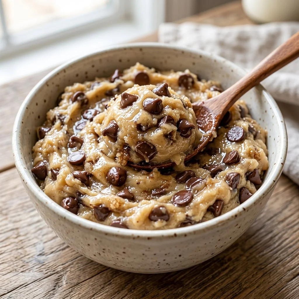 A bowl of delicious edible cookie dough topped with chocolate chips.