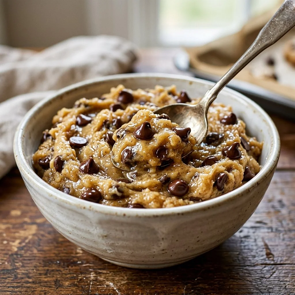 Bowl of delicious edible cookie dough topped with chocolate chips