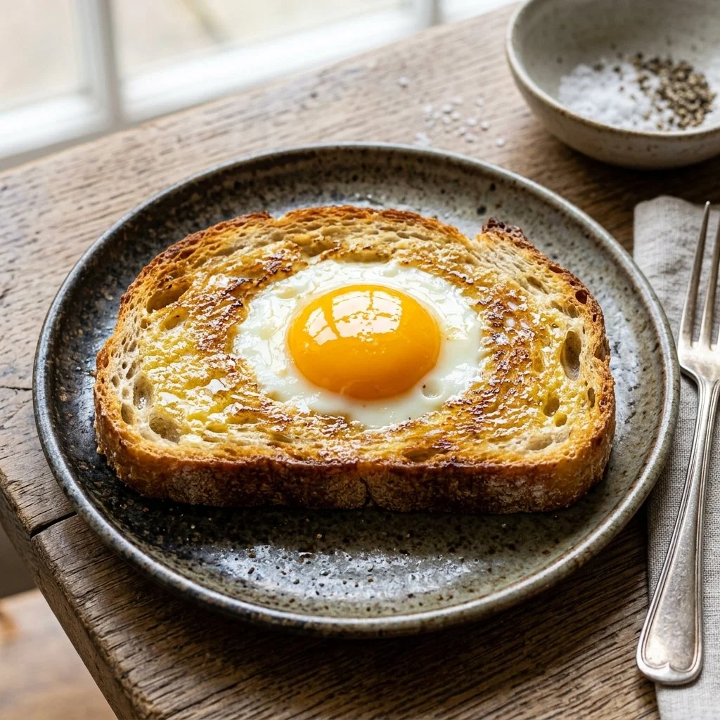 Delicious egg in a hole on buttered toast with a golden yolk.