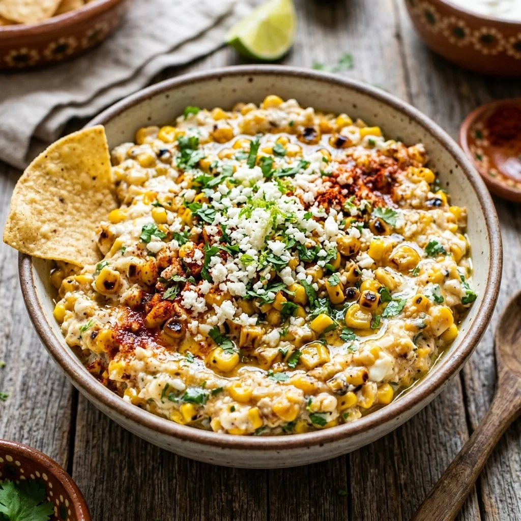 Delicious elote corn dip served in a bowl with toppings