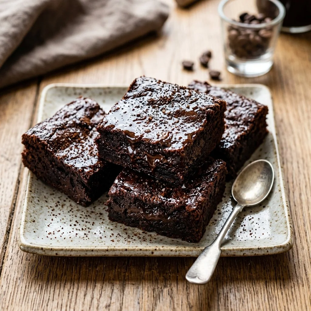 Delicious Espresso Martini Brownies topped with coffee beans and chocolate, perfect for dessert.