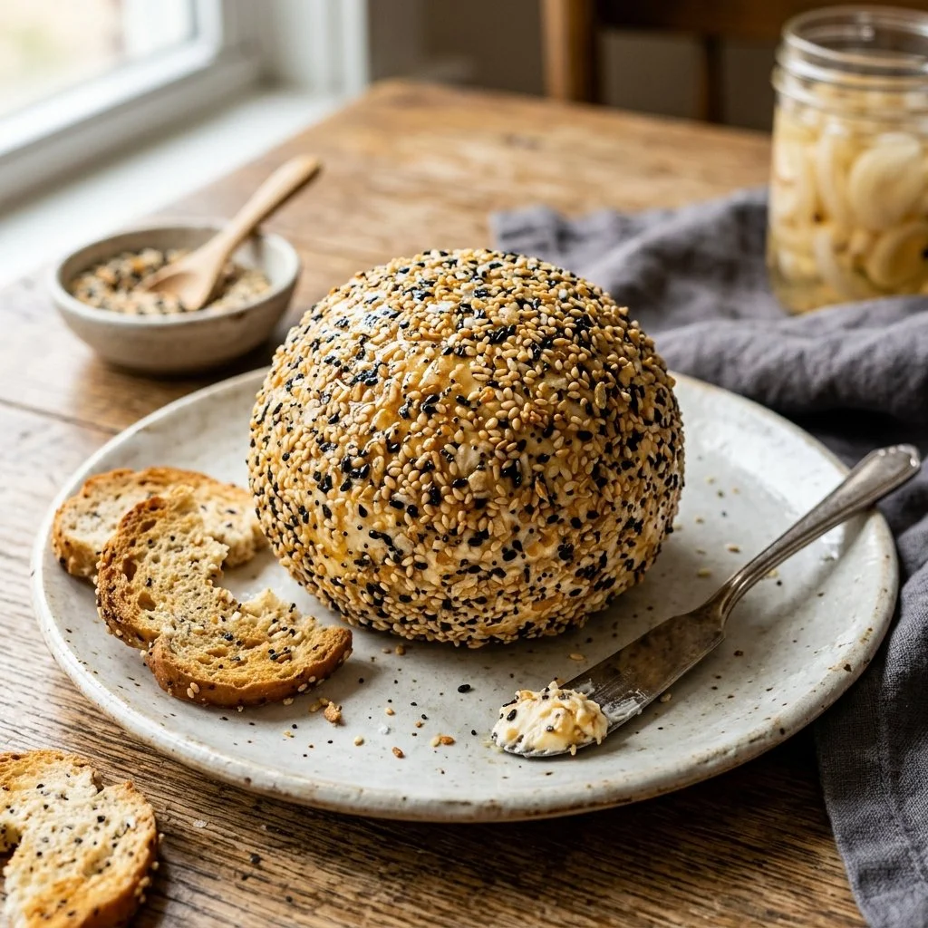Everything Bagel Cheese Ball served with crackers for a tasty snack