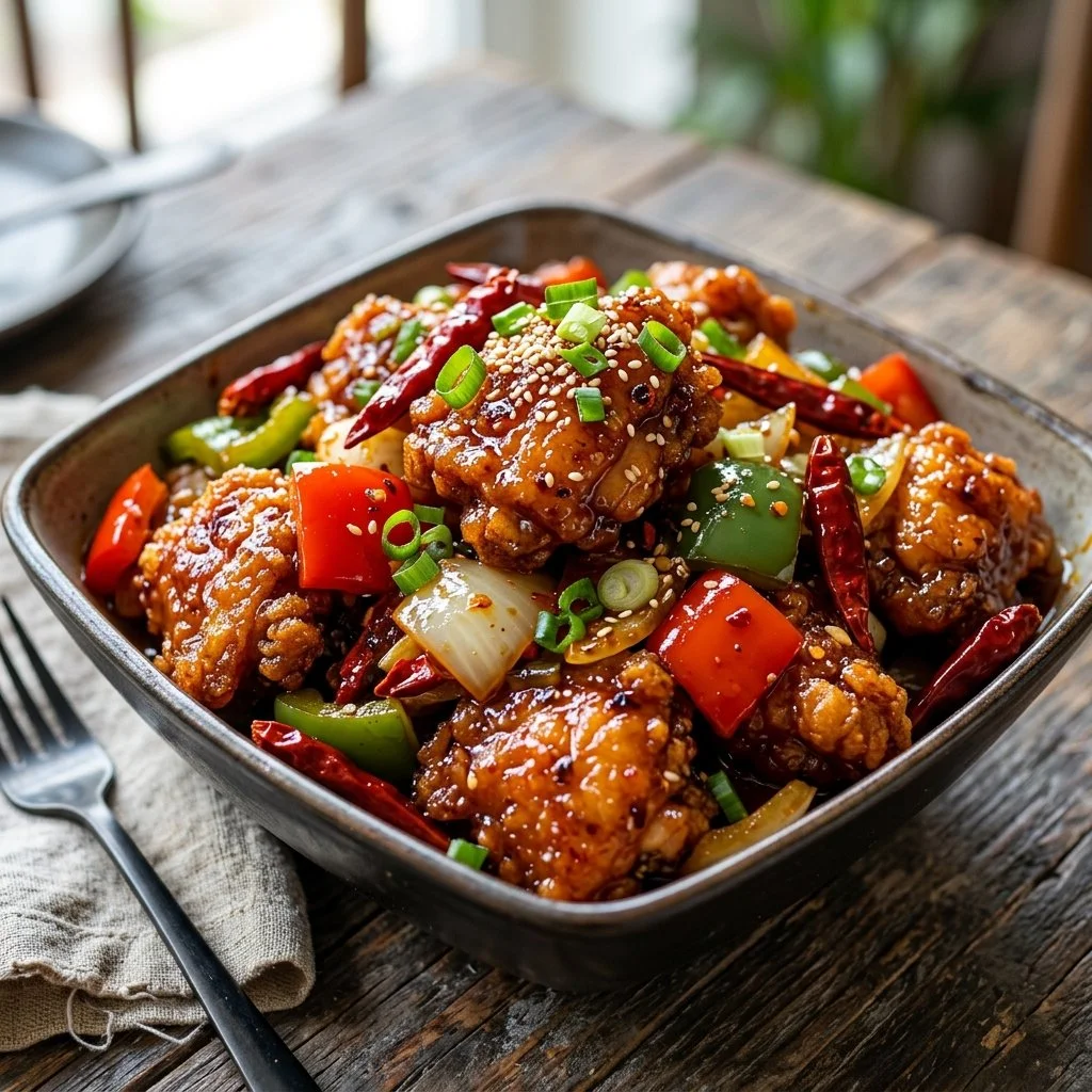 Delicious Firecracker Chicken served with vibrant vegetables