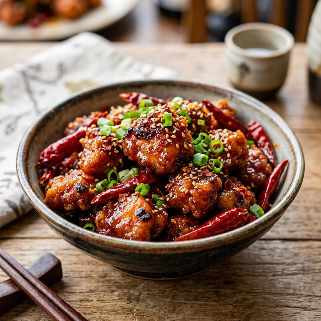 Delicious Firecracker Chicken garnished with green onions and sesame seeds