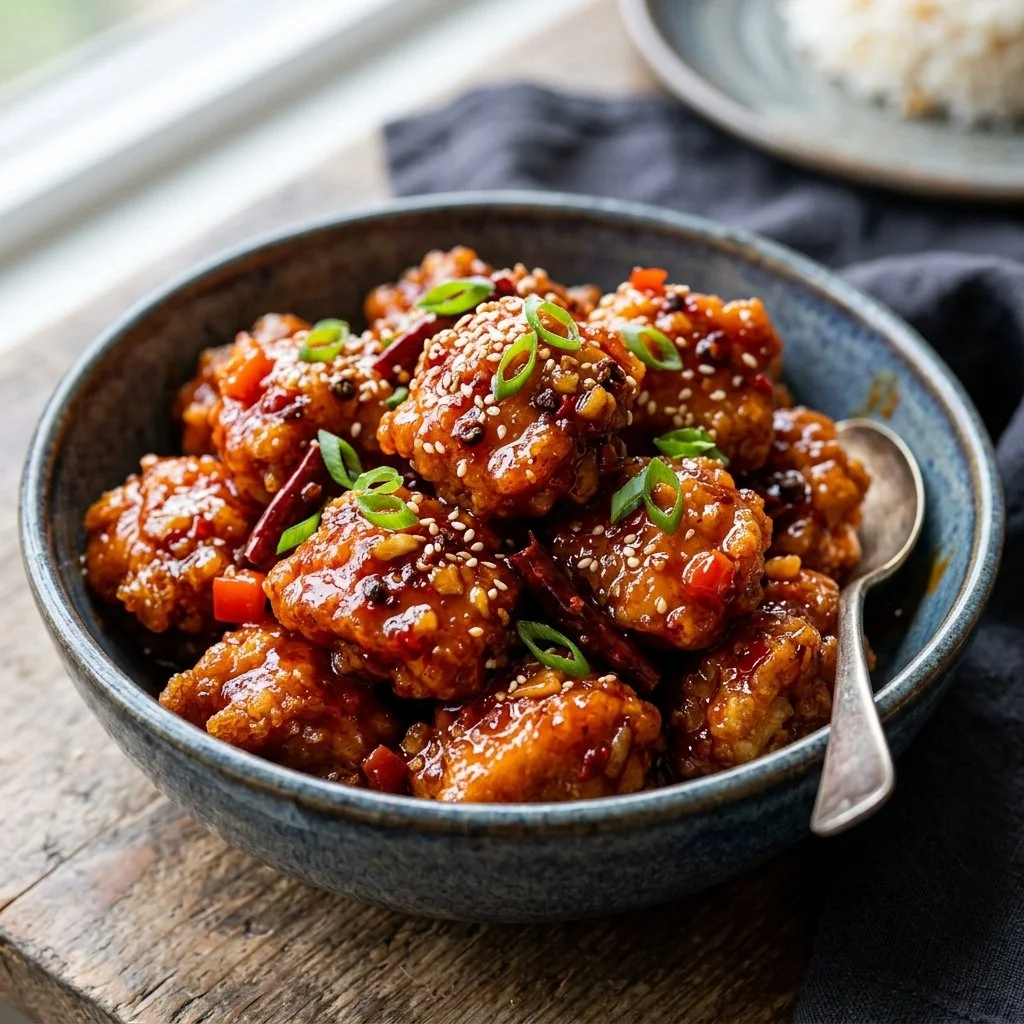 Delicious plate of spicy Firecracker Chicken garnished with green onions.