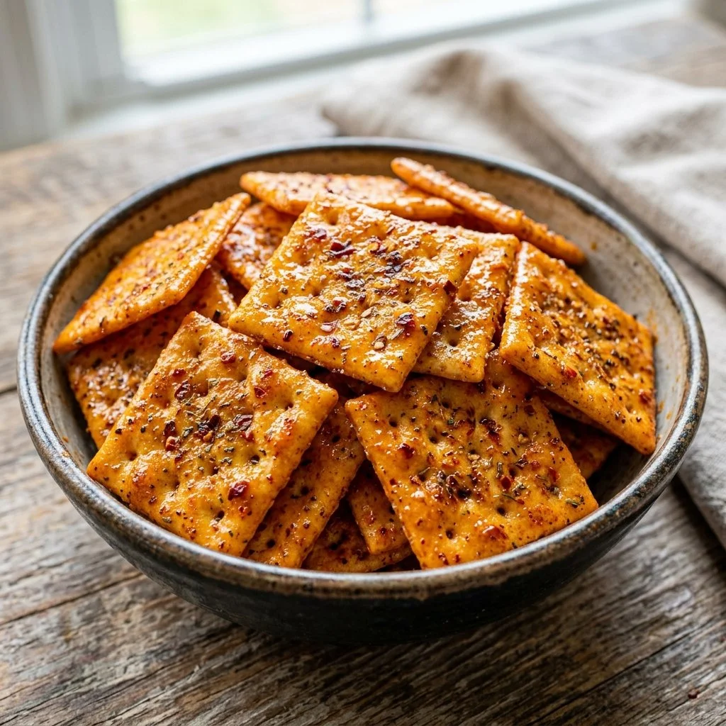Plate of homemade Firecracker Saltine Crackers seasoned with spices.
