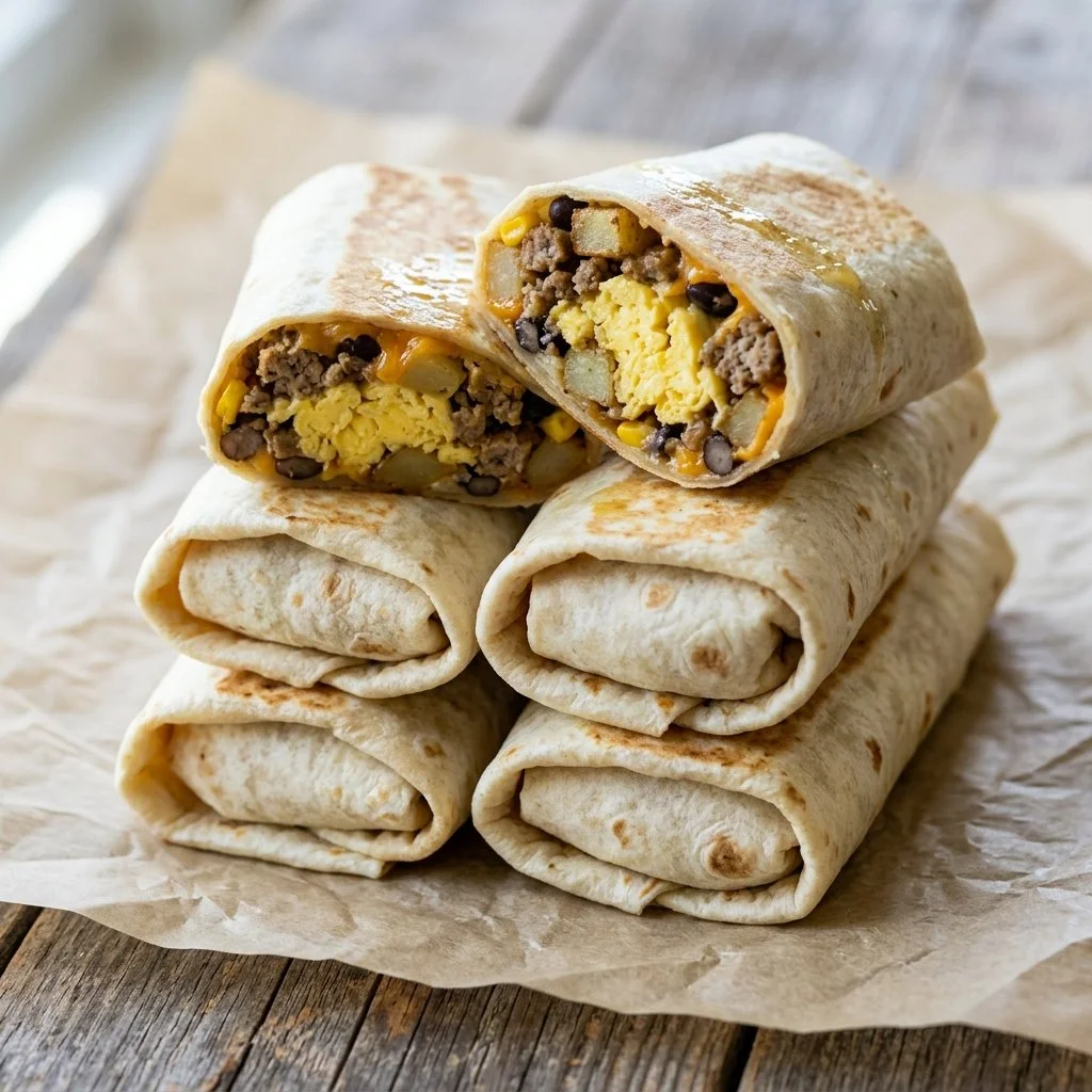 Freezer breakfast burritos ready for a quick and tasty meal.