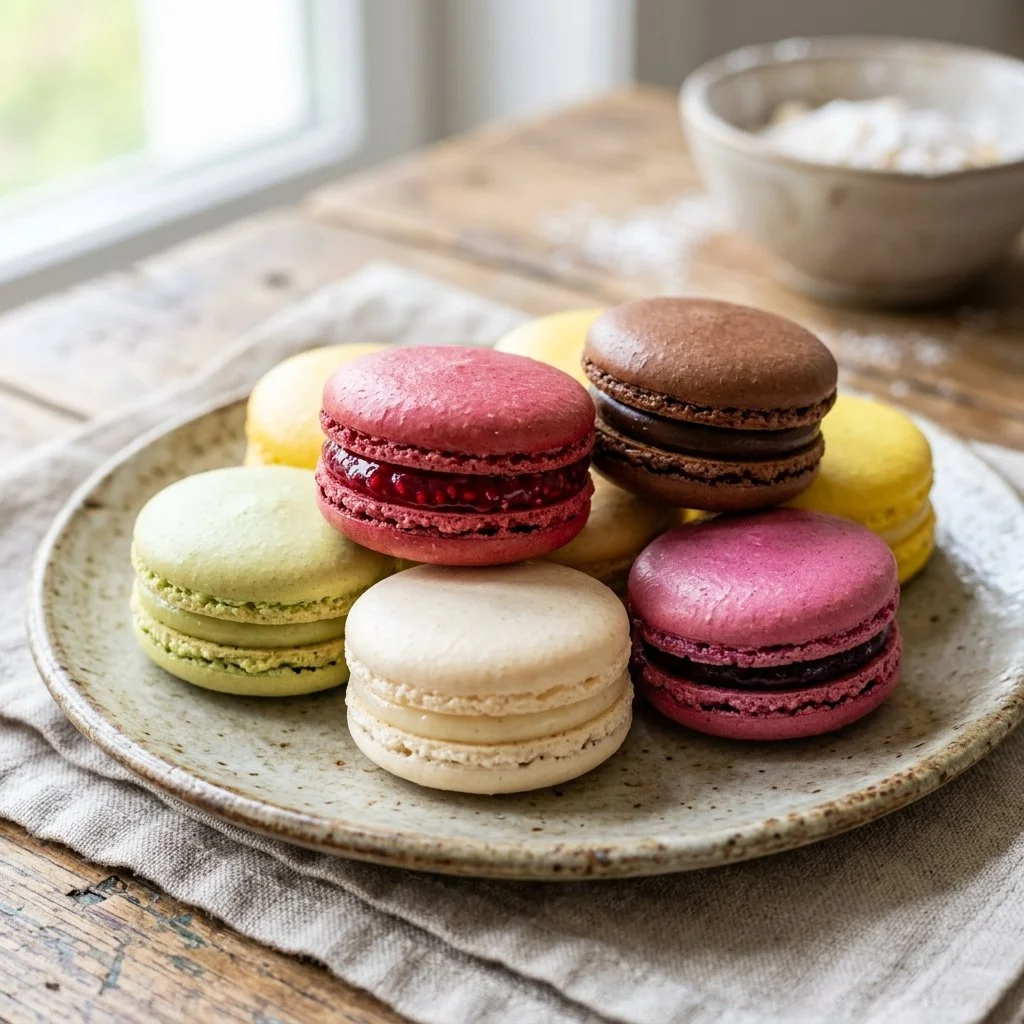 Colorful assortment of homemade French macarons on a decorative plate.