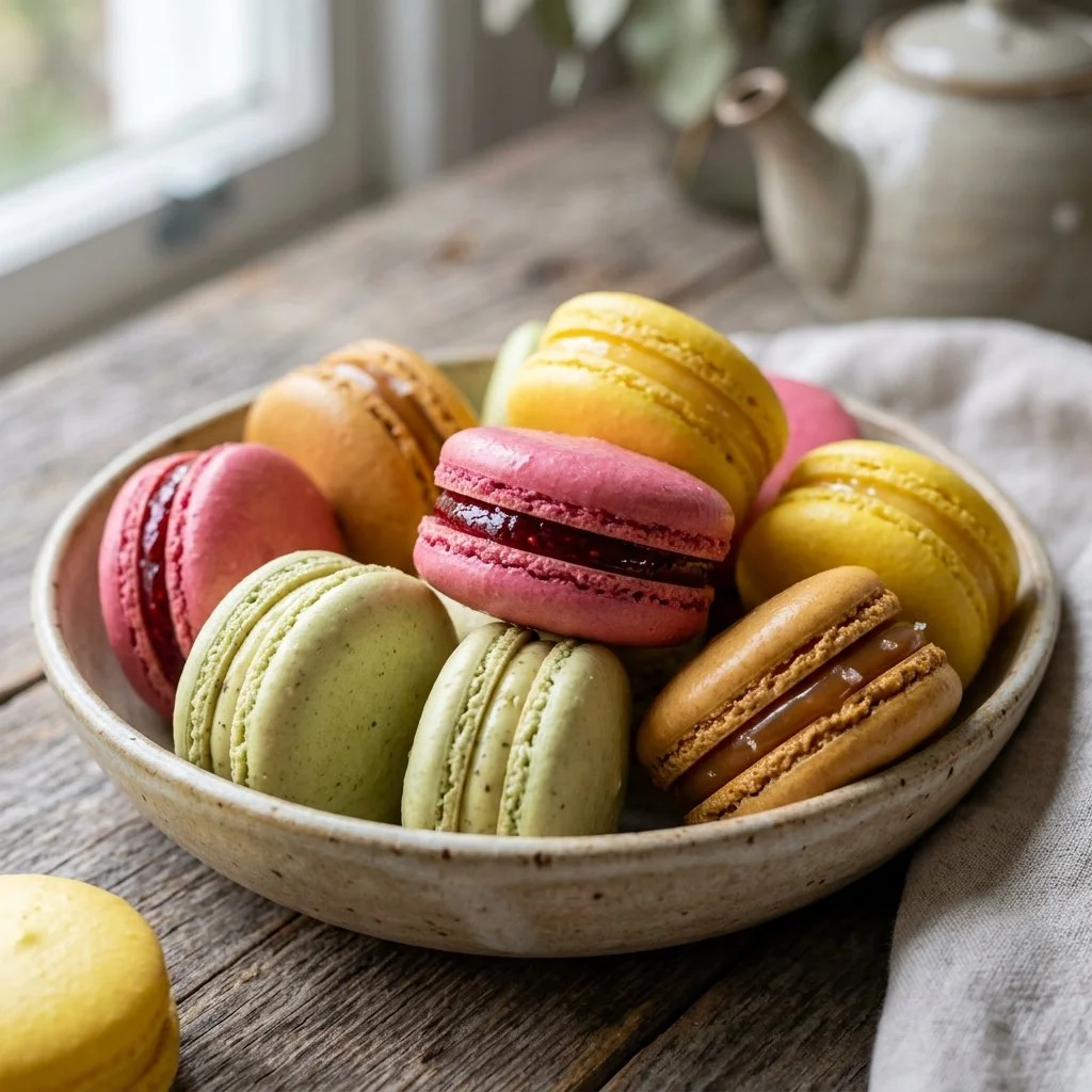 Colorful French Macarons on a decorative plate