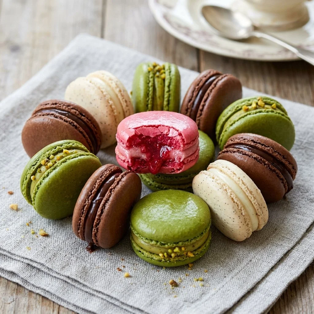 Colorful assortment of homemade French macarons displayed on a plate.