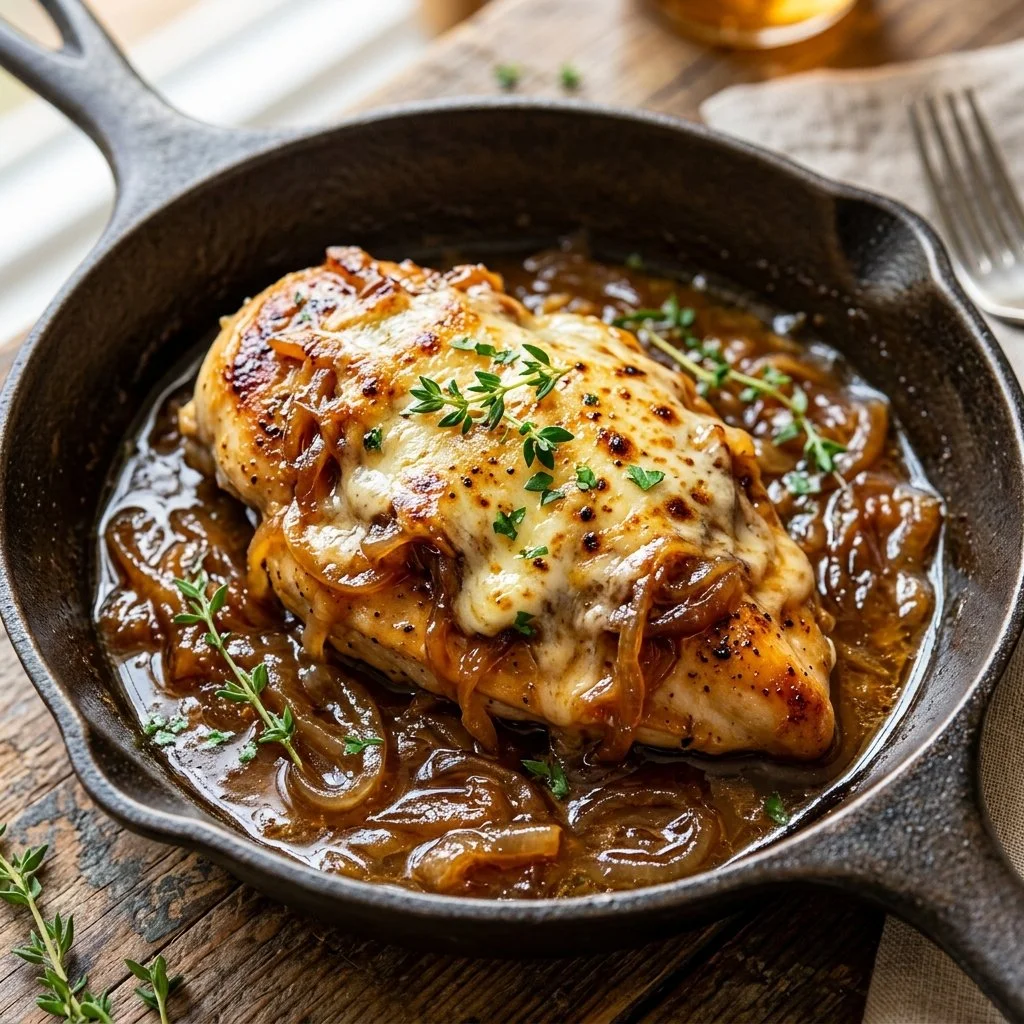 Delicious plate of French Onion Chicken topped with melted cheese and caramelized onions.