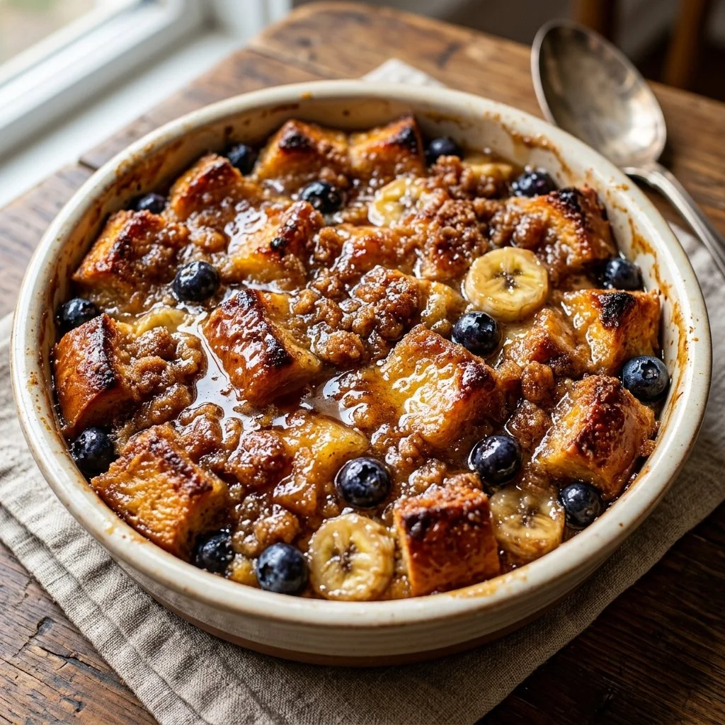 Delicious French Toast Casserole topped with syrup and fresh berries