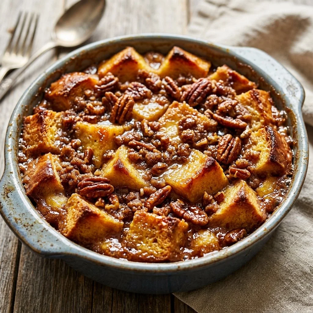 Delicious French Toast Casserole topped with fruits and syrup