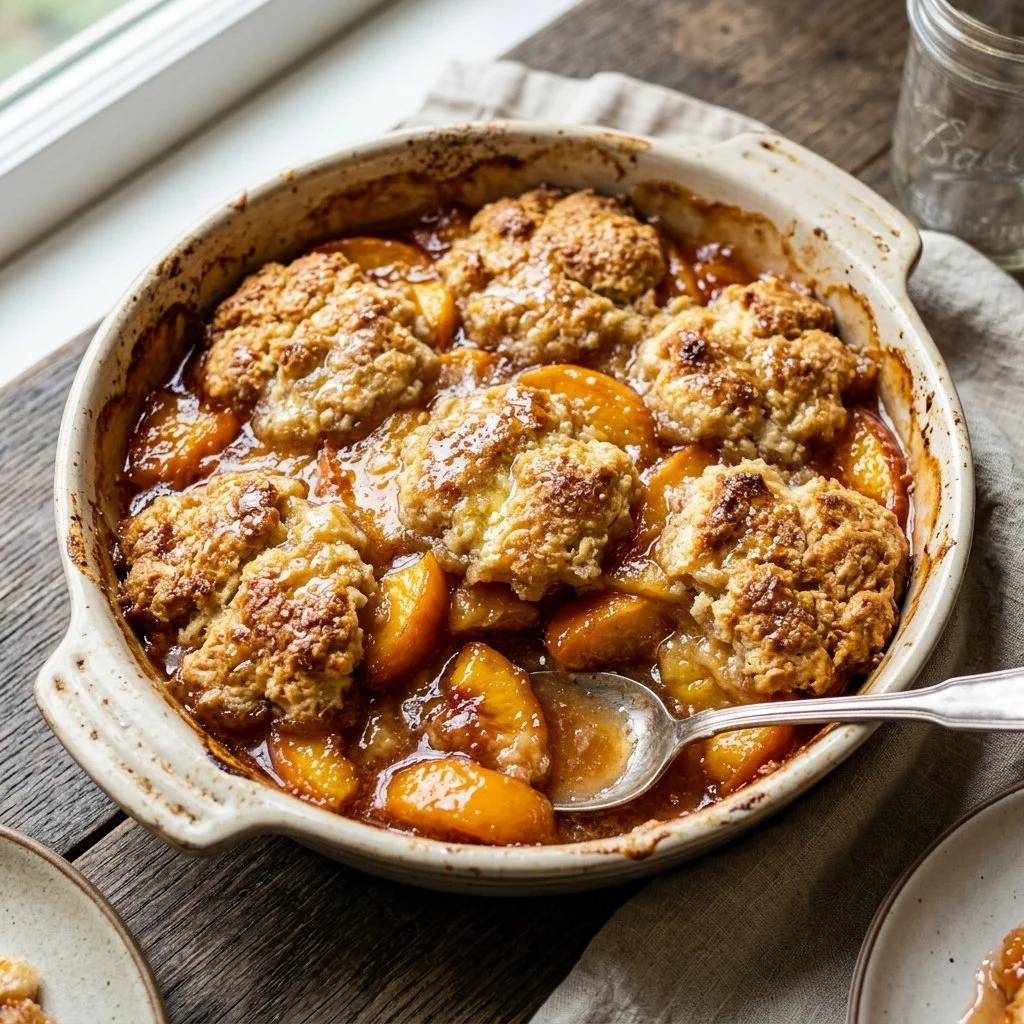 Delicious fresh peach cobbler served warm with a scoop of vanilla ice cream.
