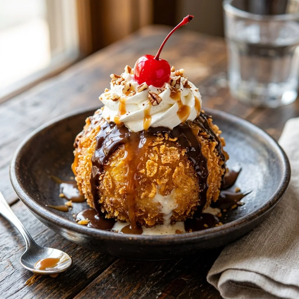 Delicious fried ice cream served with chocolate sauce and sprinkles.