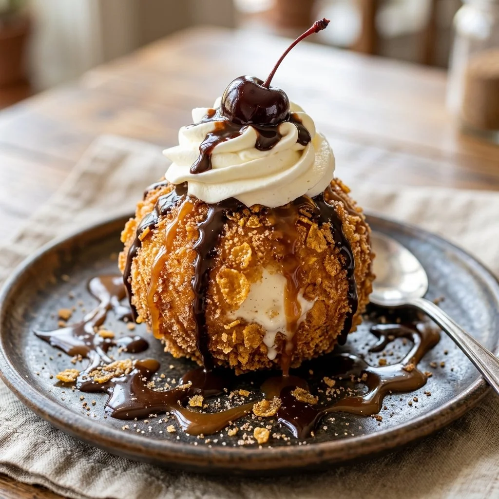 Delicious fried ice cream served with toppings and chocolate drizzle