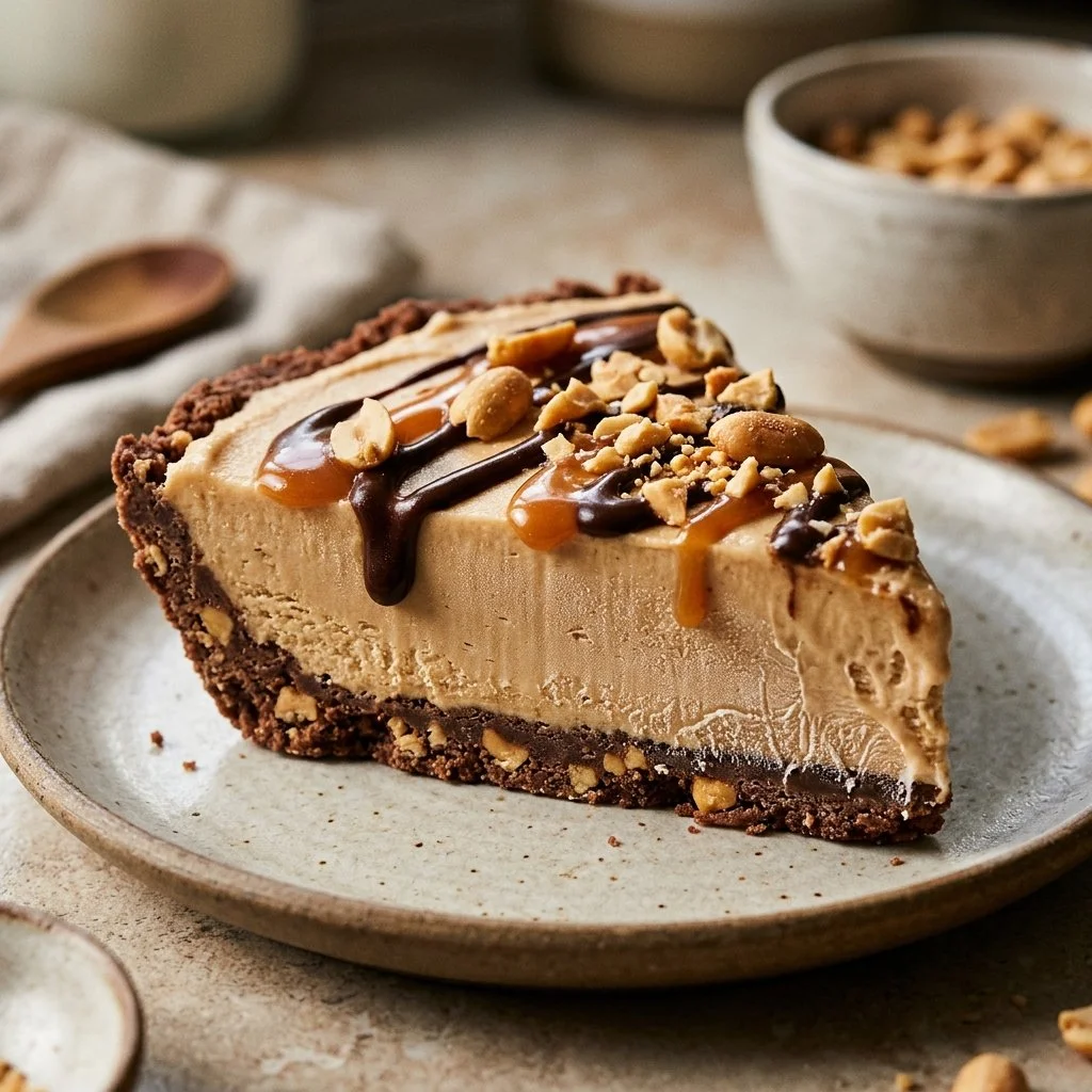 Delicious frozen peanut butter pie topped with whipped cream and chocolate drizzle