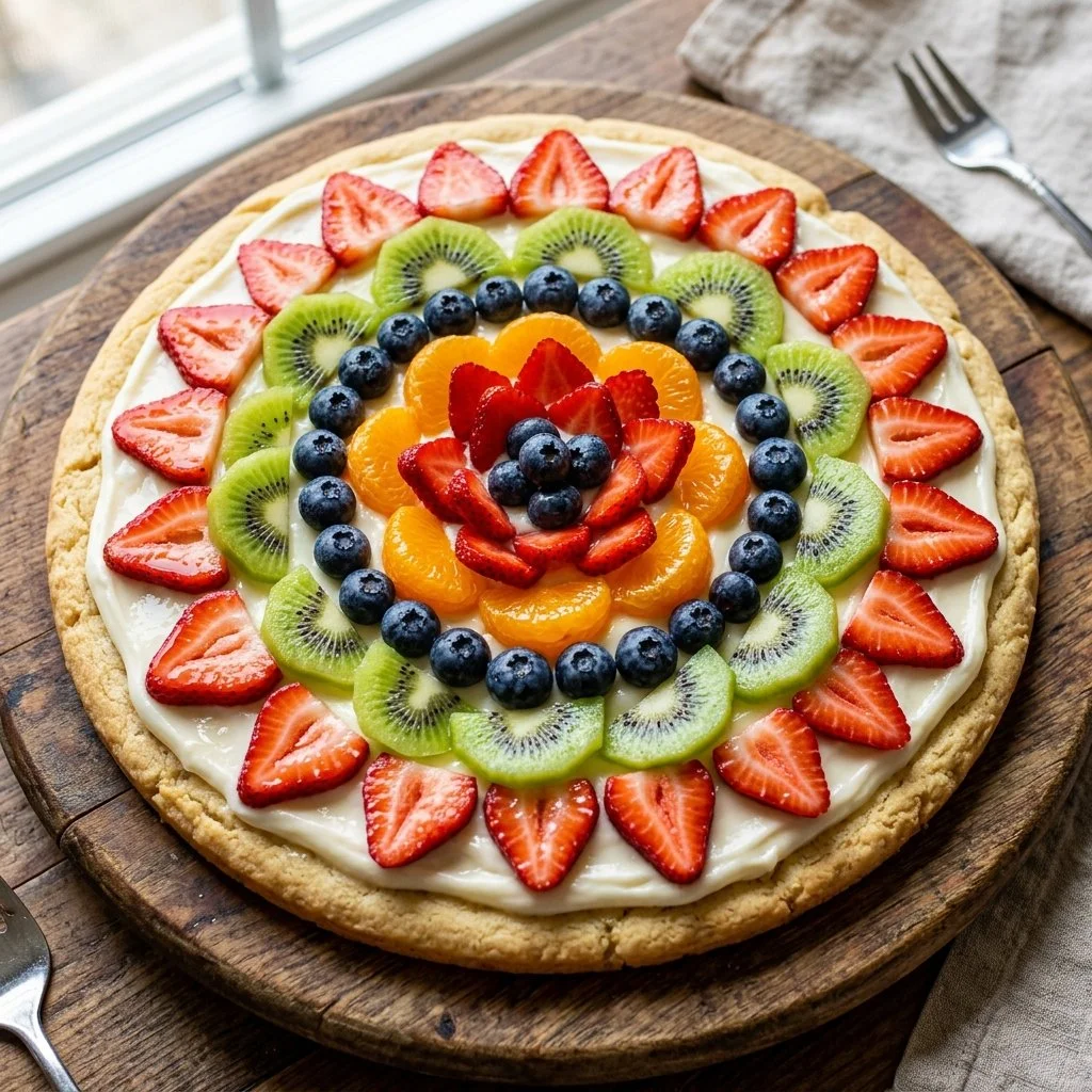 Colorful fruit pizza topped with fresh fruits and cream cheese icing