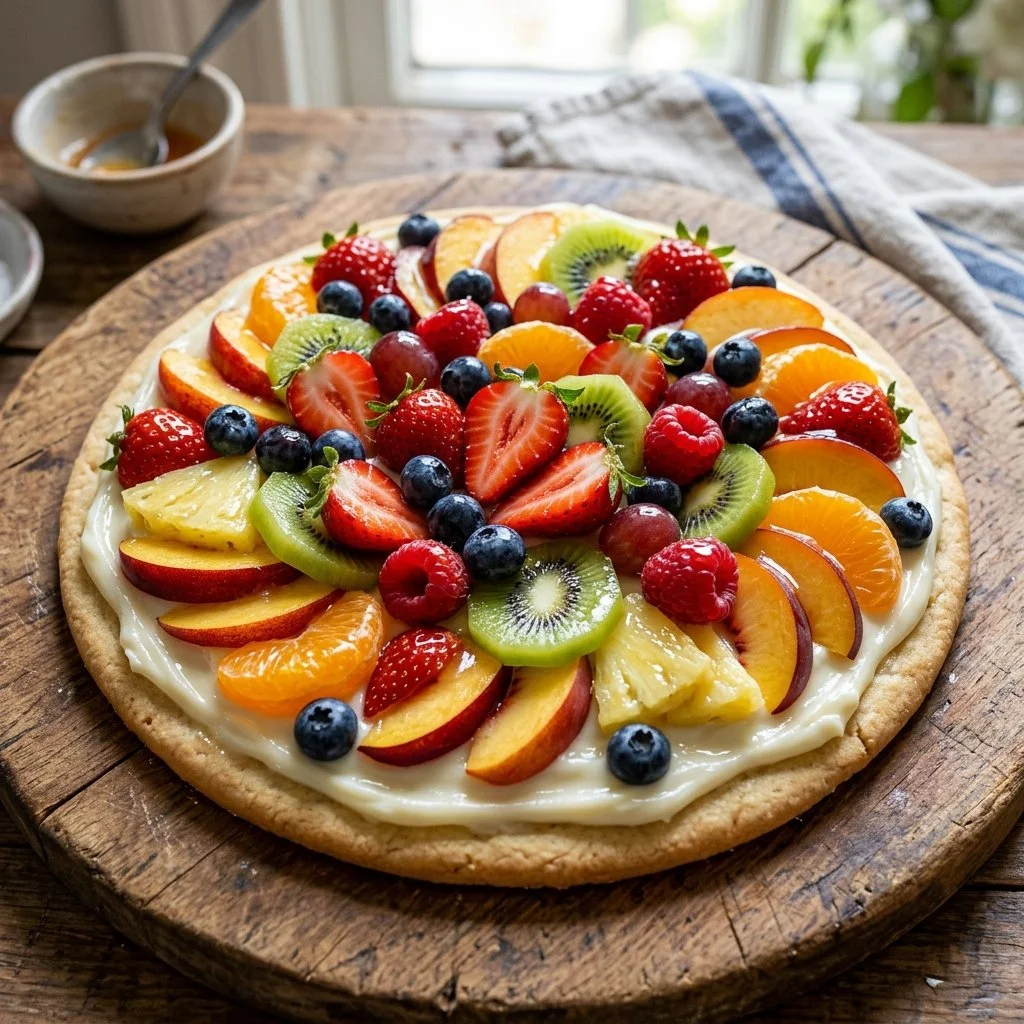 Delicious fruit pizza topped with fresh fruits on a cookie base