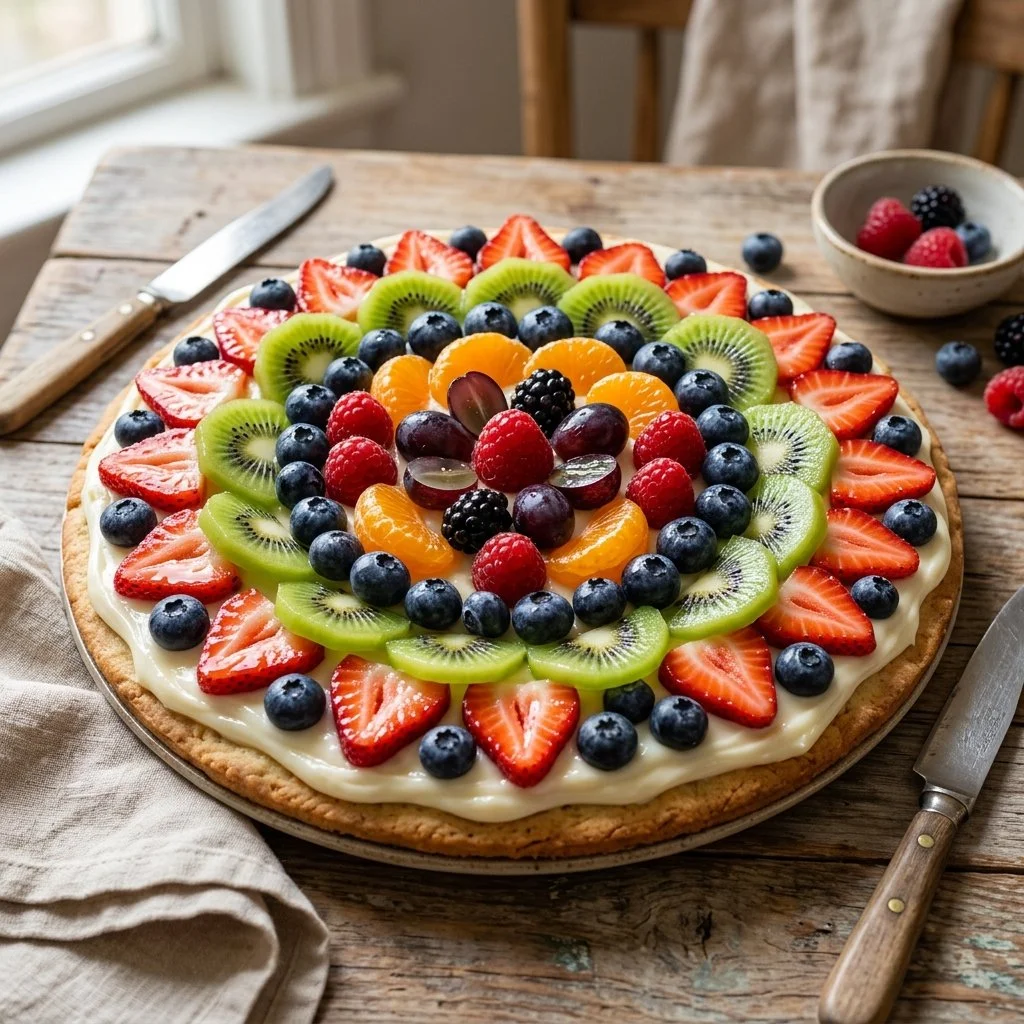 Colorful fruit pizza topped with strawberries, blueberries, and kiwi on a creamy crust.