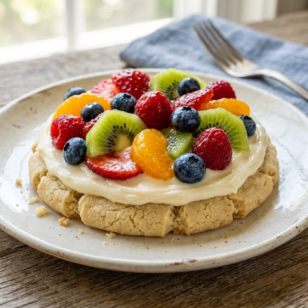 Colorful Fruit Pizza Cookies topped with fresh fruits and creamy icing.
