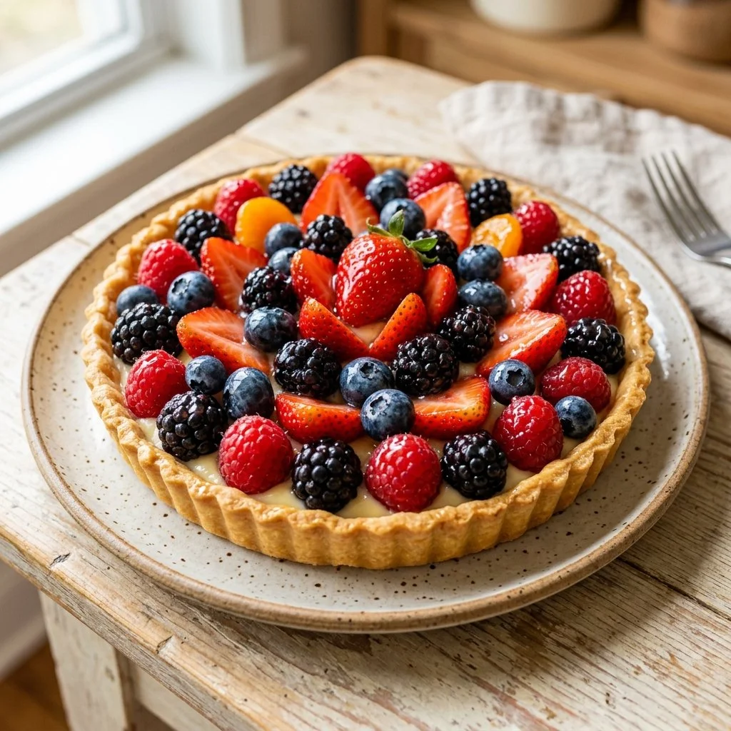 Colorful fruit tart topped with fresh berries and cream on a golden crust