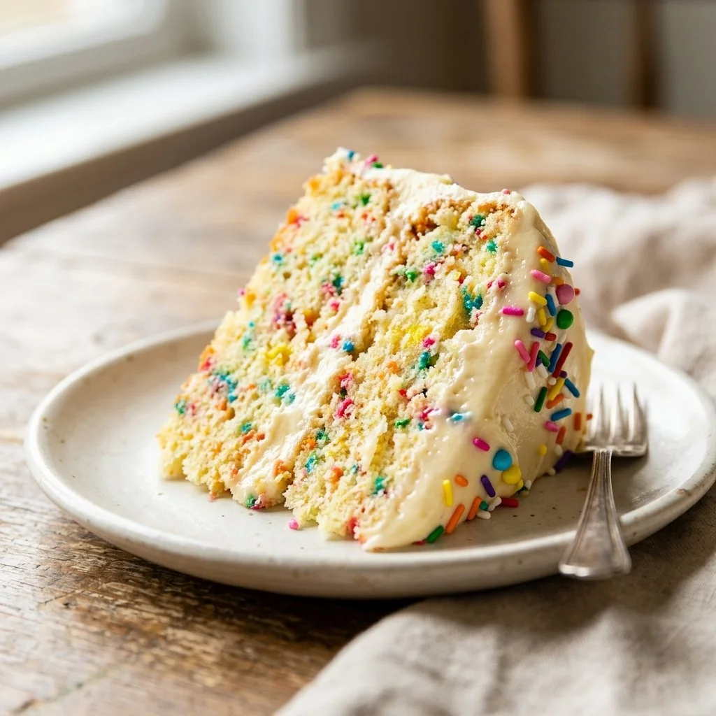 Slice of colorful Funfetti Cake with sprinkles on a white plate.