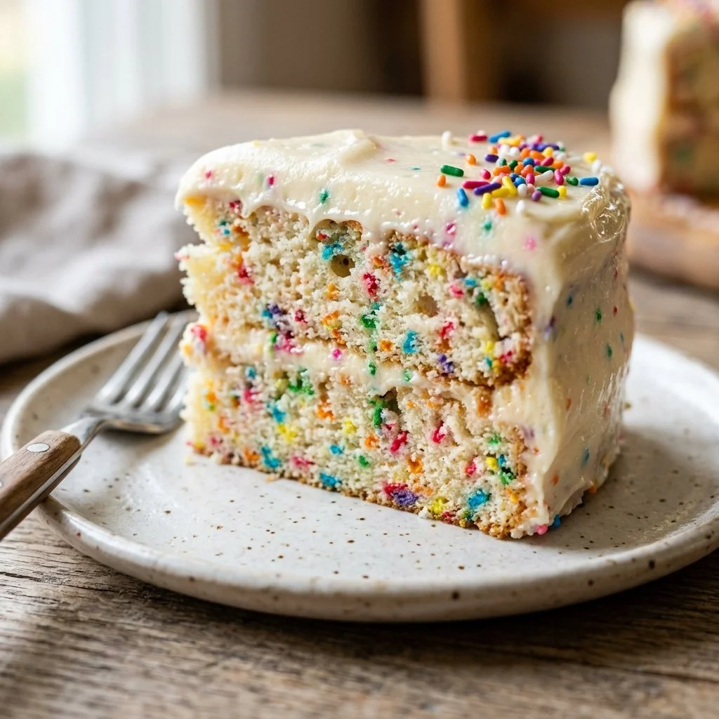 Slice of colorful Funfetti Cake topped with sprinkles and frosting