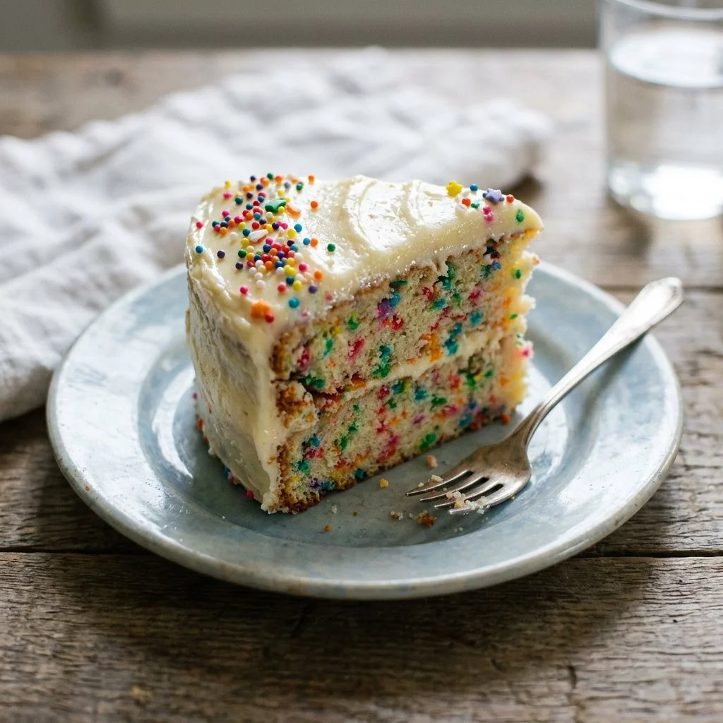 Delicious Funfetti Cake with colorful sprinkles on top, perfect for birthdays.