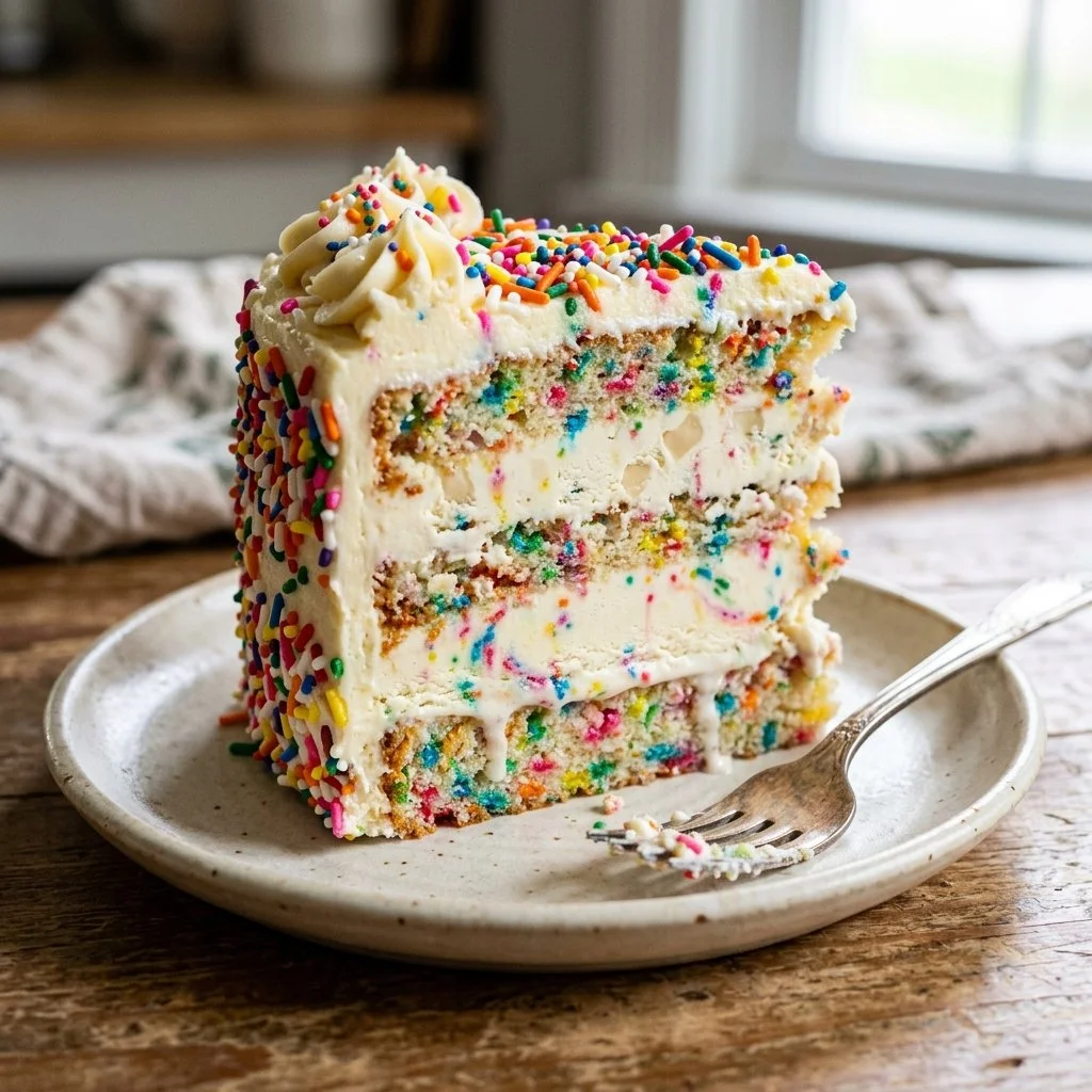 Slice of colorful Funfetti Ice Cream Cake topped with sprinkles