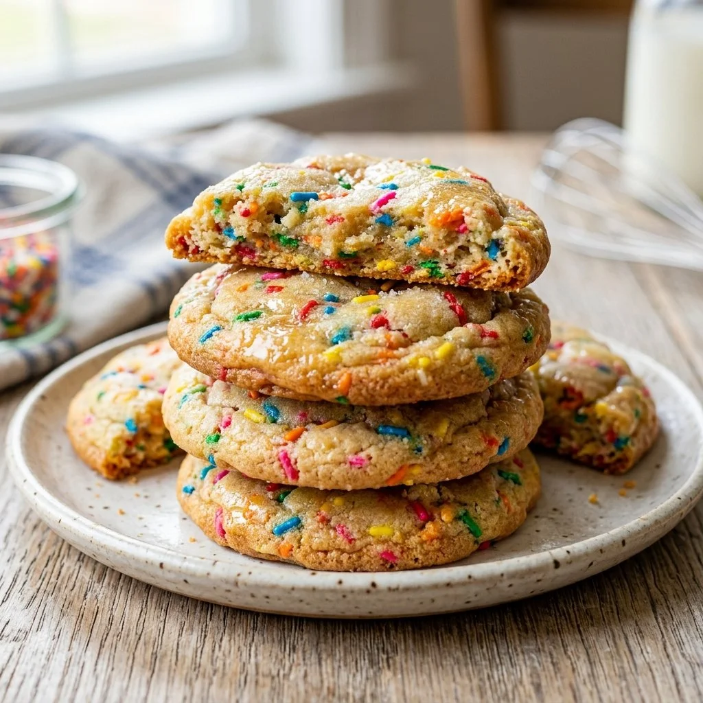 Baked Funfetti Sugar Cookies topped with colorful sprinkles