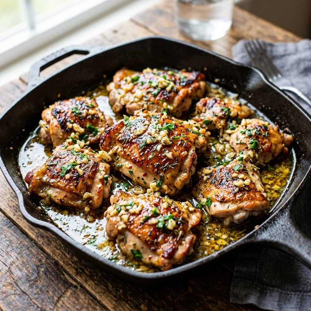 Delicious Garlic Butter Chicken garnished with herbs on a plate
