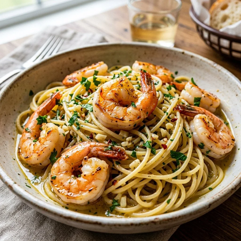 Garlic butter shrimp pasta served in a white bowl with fresh herbs