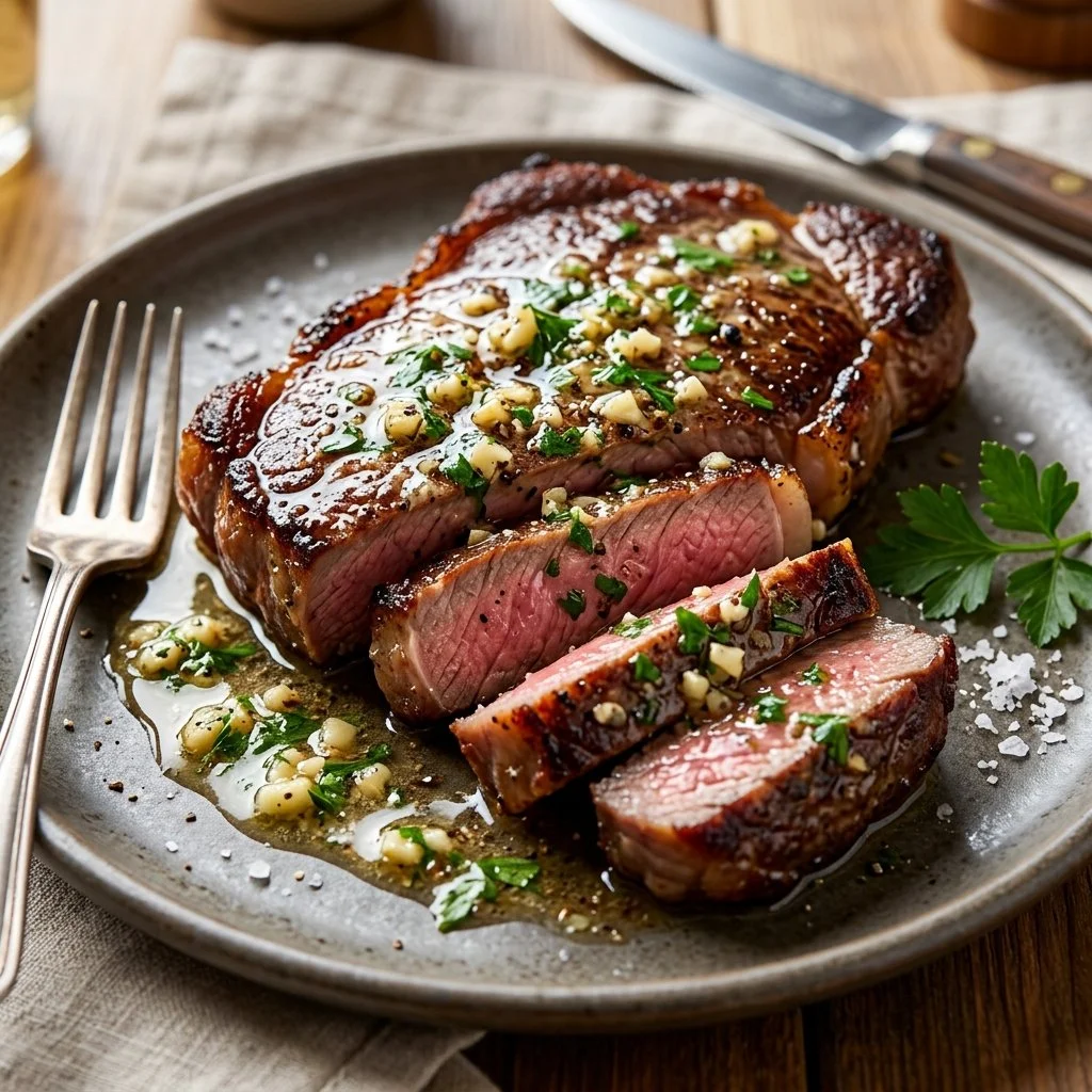 Delicious Garlic Butter Steak served on a plate with herbs.