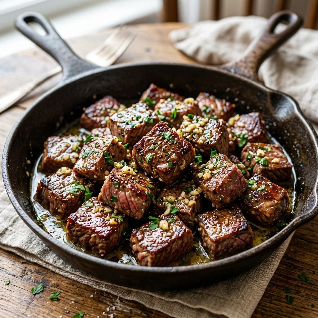 Delicious garlic butter steak bites served on a plate.