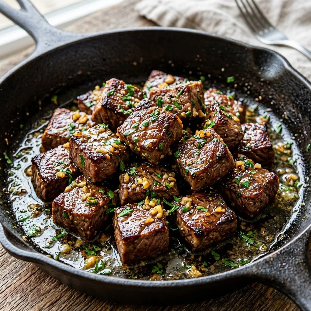 Delicious garlic butter steak bites served on a plate with herbs