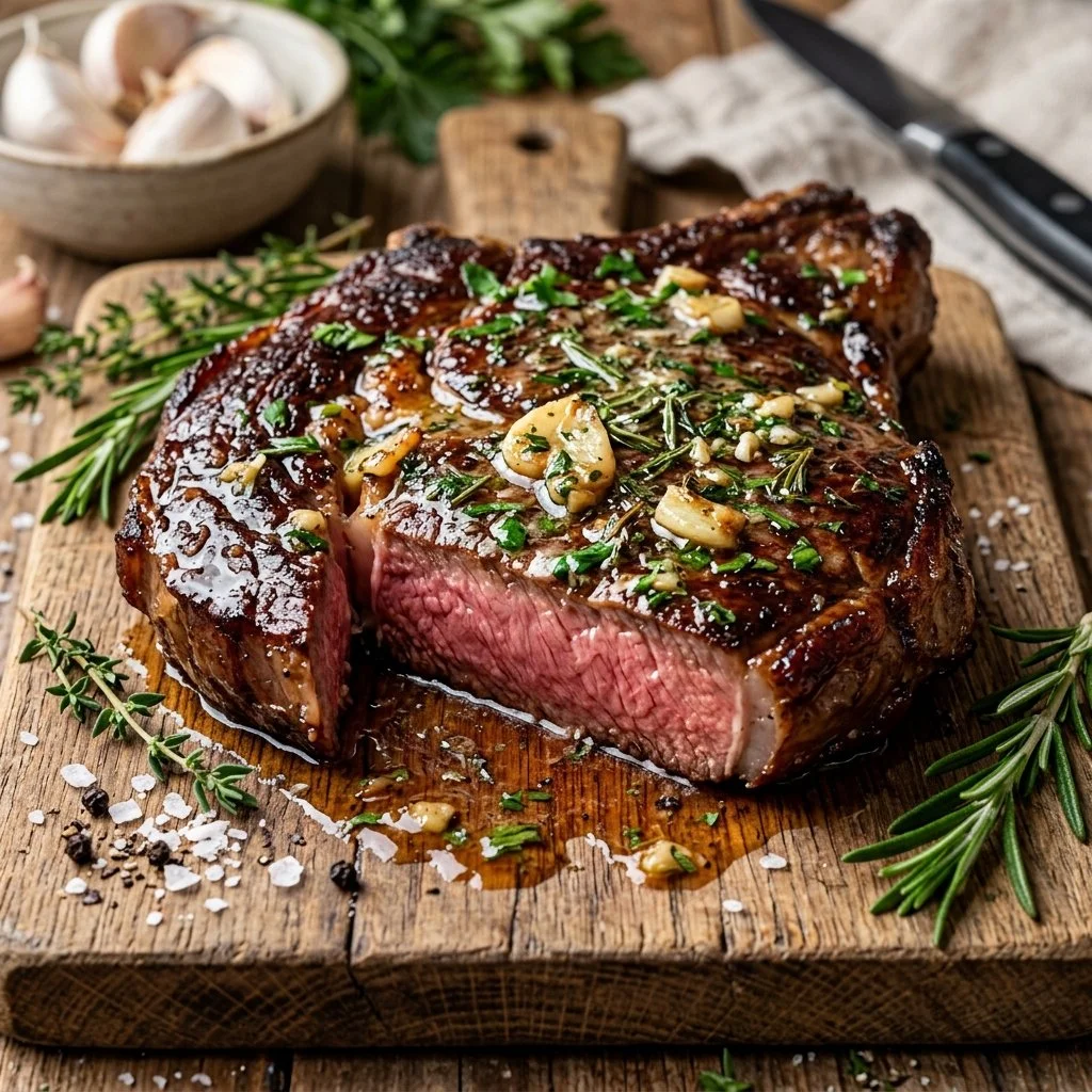 Delicious Garlic Herb Steak garnished with fresh herbs and garlic.