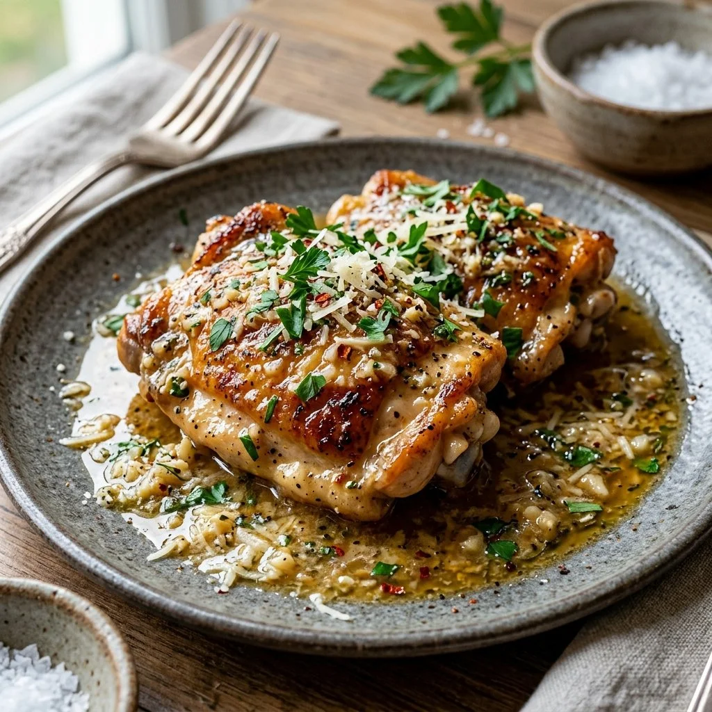 Delicious Garlic Parmesan Chicken served with herbs and a side dish