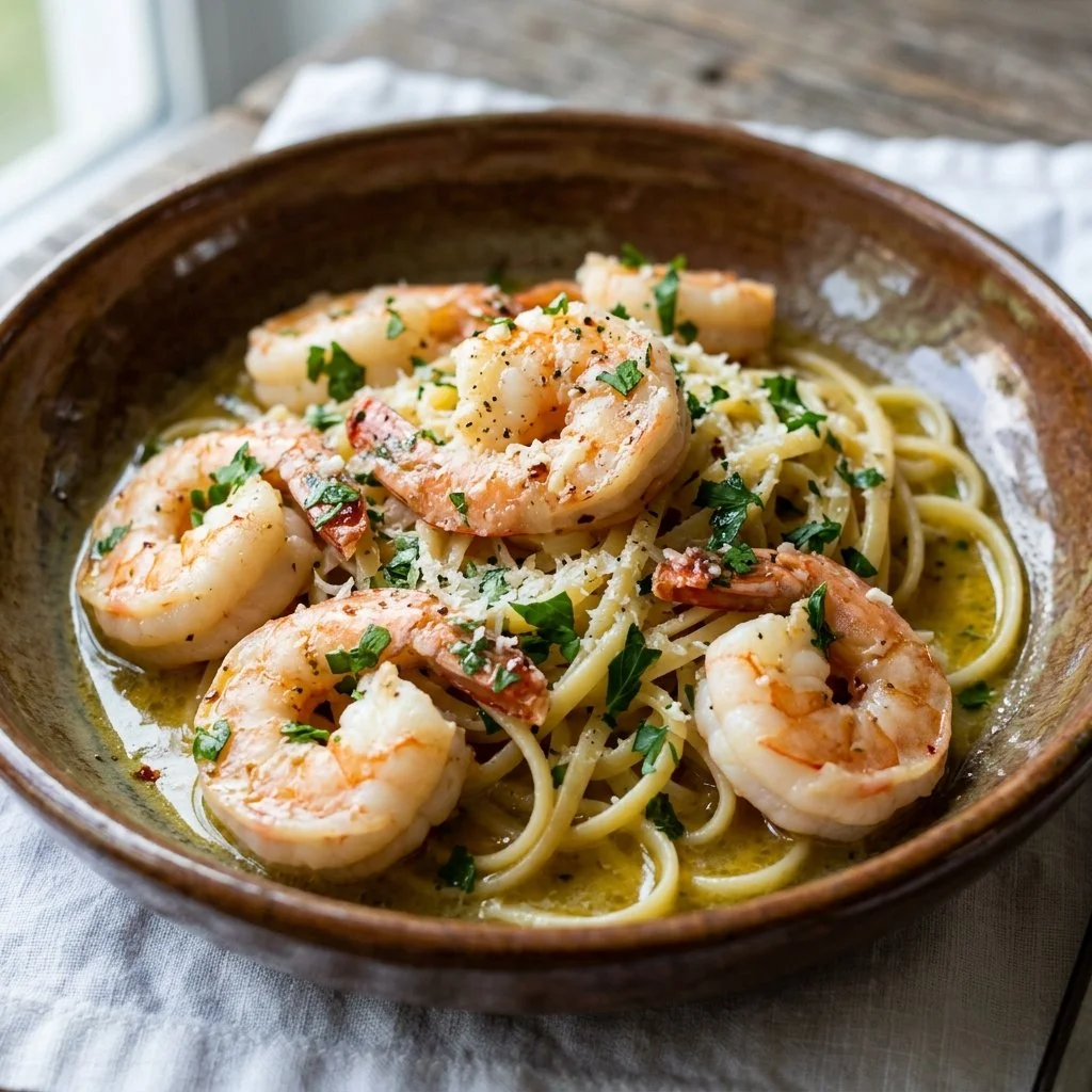 Plate of garlic shrimp scampi garnished with parsley