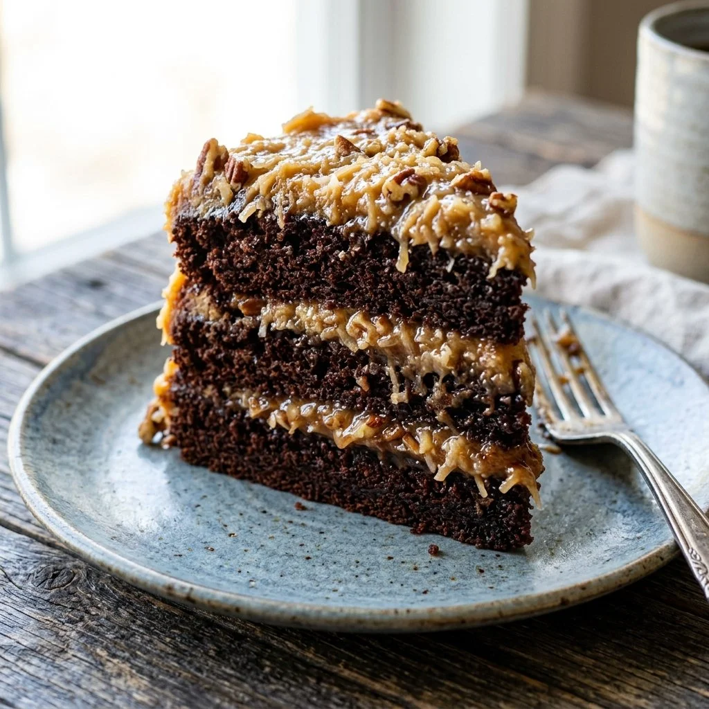 Delicious German Chocolate Cake layered with chocolate, coconut, and pecans