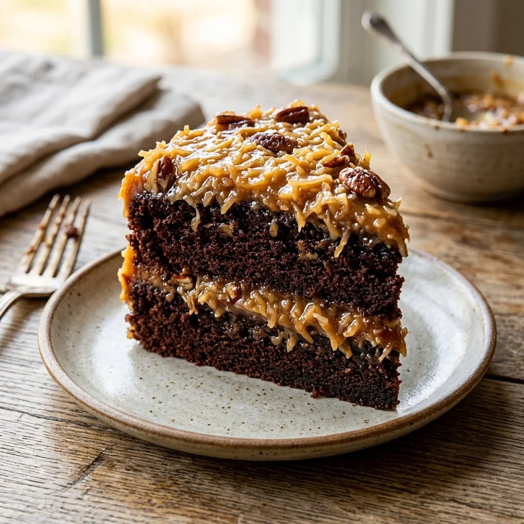 Deliciously layered German Chocolate Cake with coconut frosting