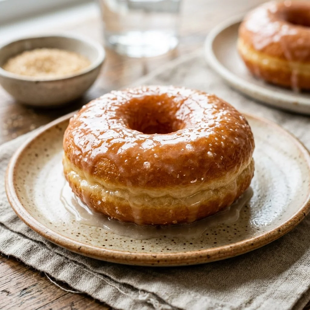 Freshly made glazed donuts with a shiny icing coating on a plate