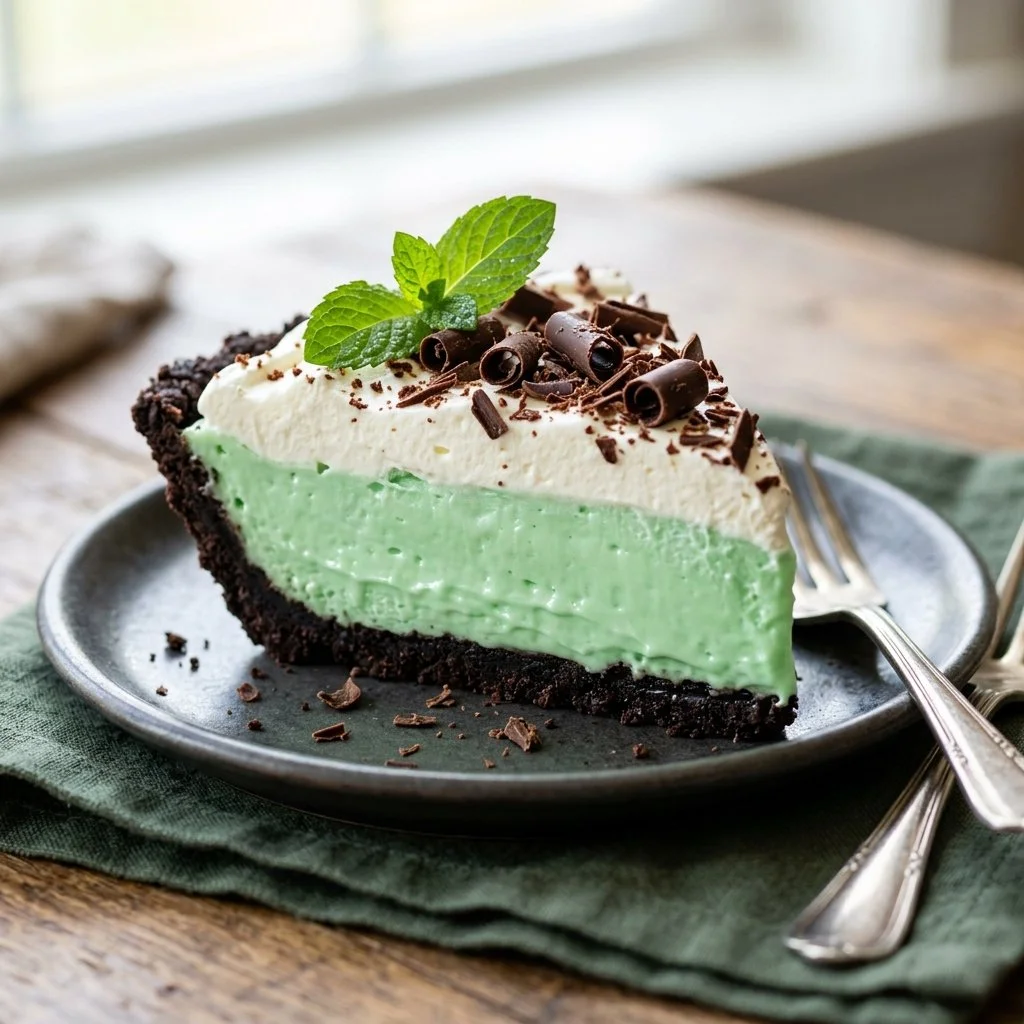 Delicious homemade Grasshopper Pie with a mint green filling and chocolate crust