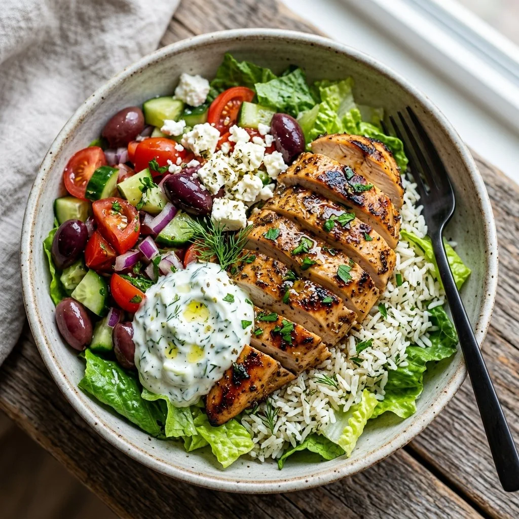 Delicious Greek Chicken Bowl topped with fresh vegetables and tzatziki sauce