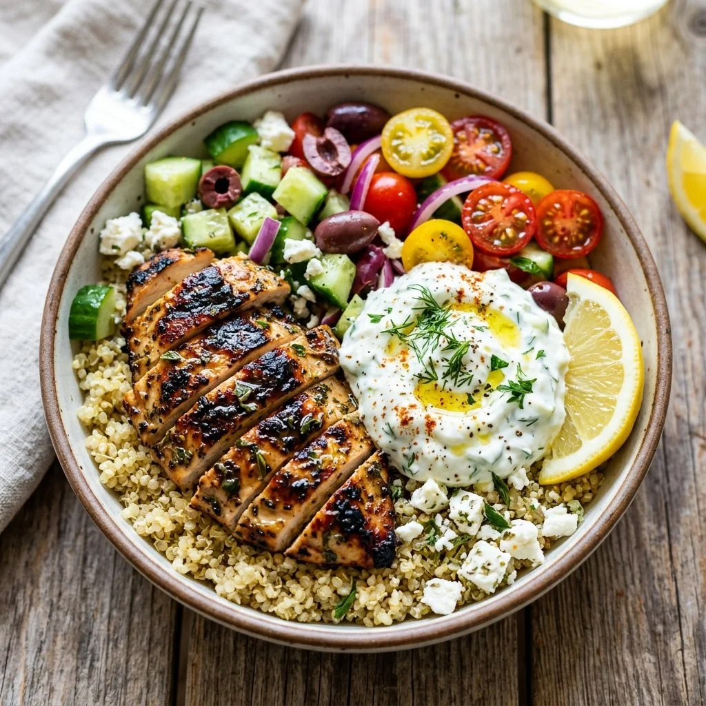 Delicious Greek Chicken Bowls with fresh vegetables and tzatziki sauce
