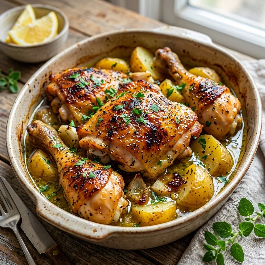 Delicious plate of Greek Lemon Chicken garnished with herbs and lemon slices